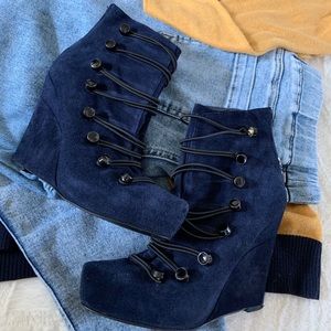 Rachel Roy Midnight Blue Suede Button Wedge Boots